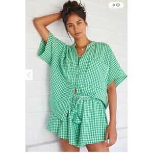 Anthropologie Green Gingham Drawstring Shorts